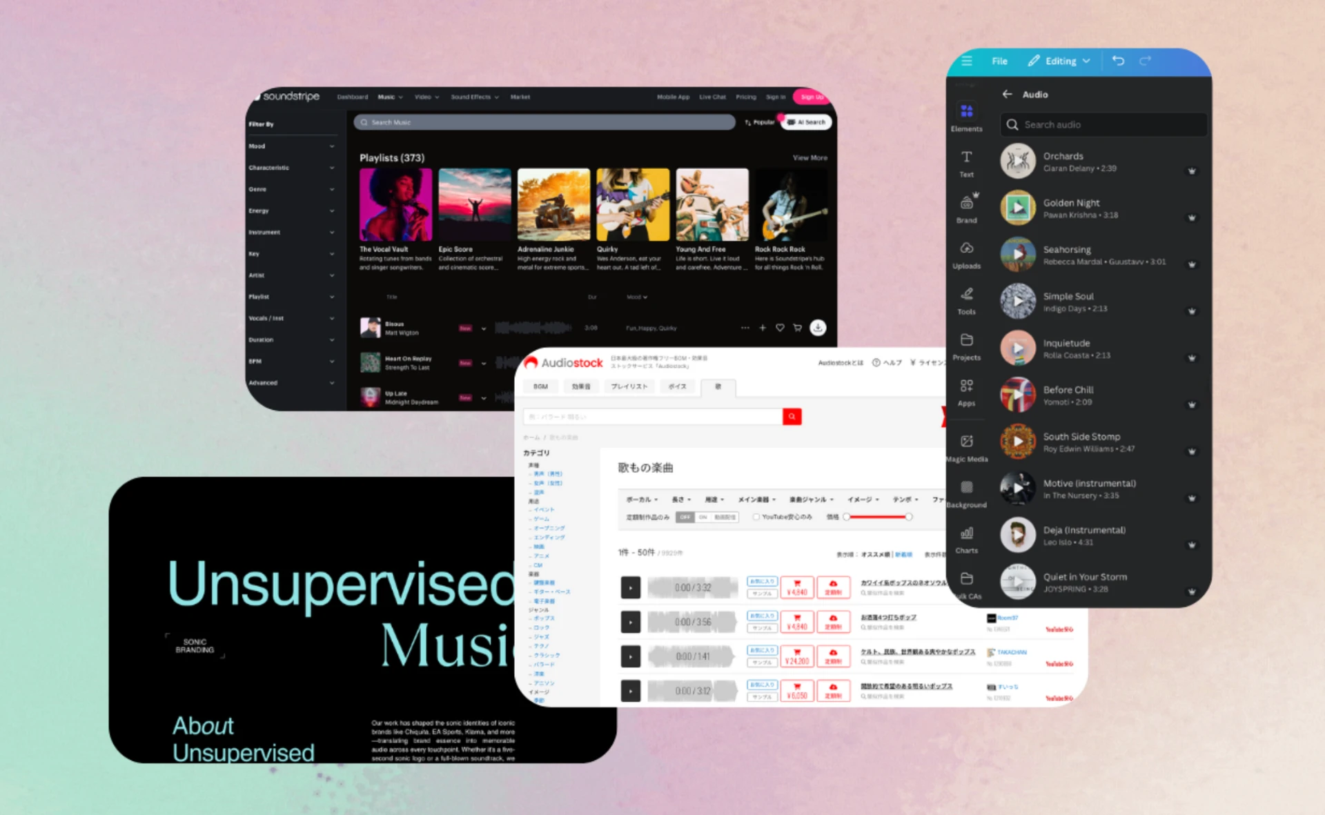 Music discovery across Soundstripe, Audiostock, Unsupervised Music, and Canva
